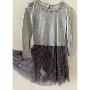MONSOON Gray Tulle Embroidered Dress Girls 7/8 Mouse Clock Beaded Party Dress